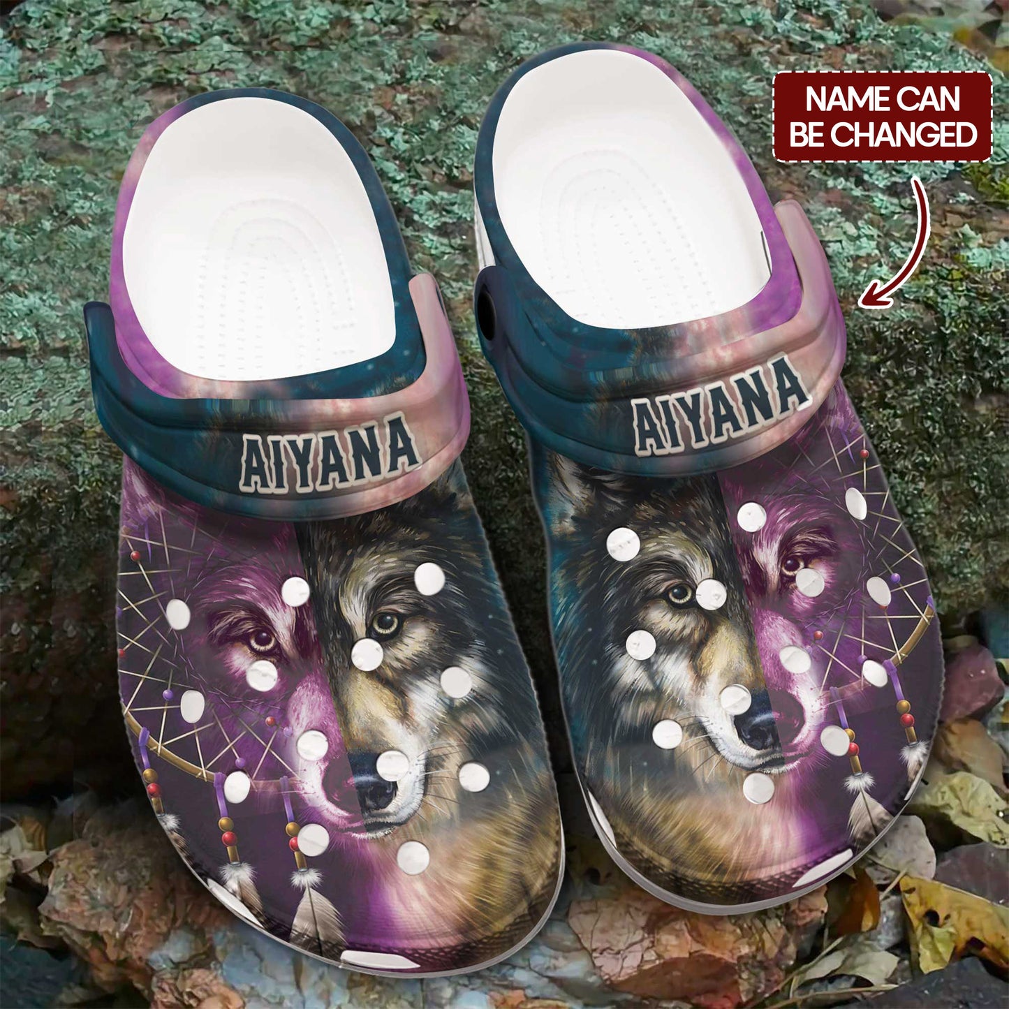 Custom Name Tribal Wolf Clogs – Purple Blue Native Style Footwear, Unique Gift for Loved One