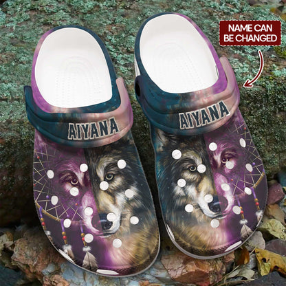 Custom Name Tribal Wolf Clogs – Purple Blue Native Style Footwear, Unique Gift for Loved One