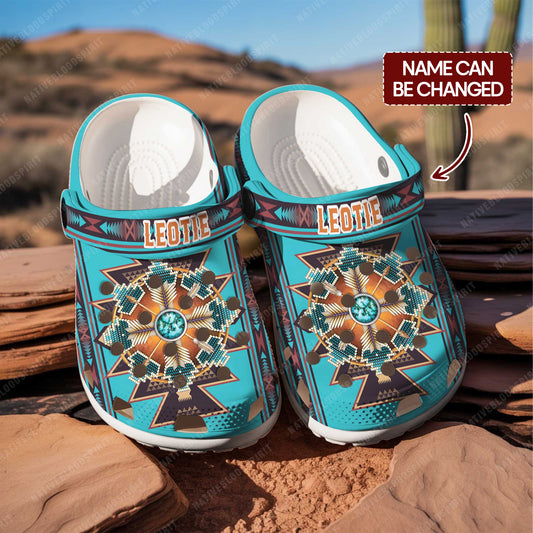 Custom Name Tribal Blue Clogs – Sacred Geometry & Turquoise Design, Gift for Family
