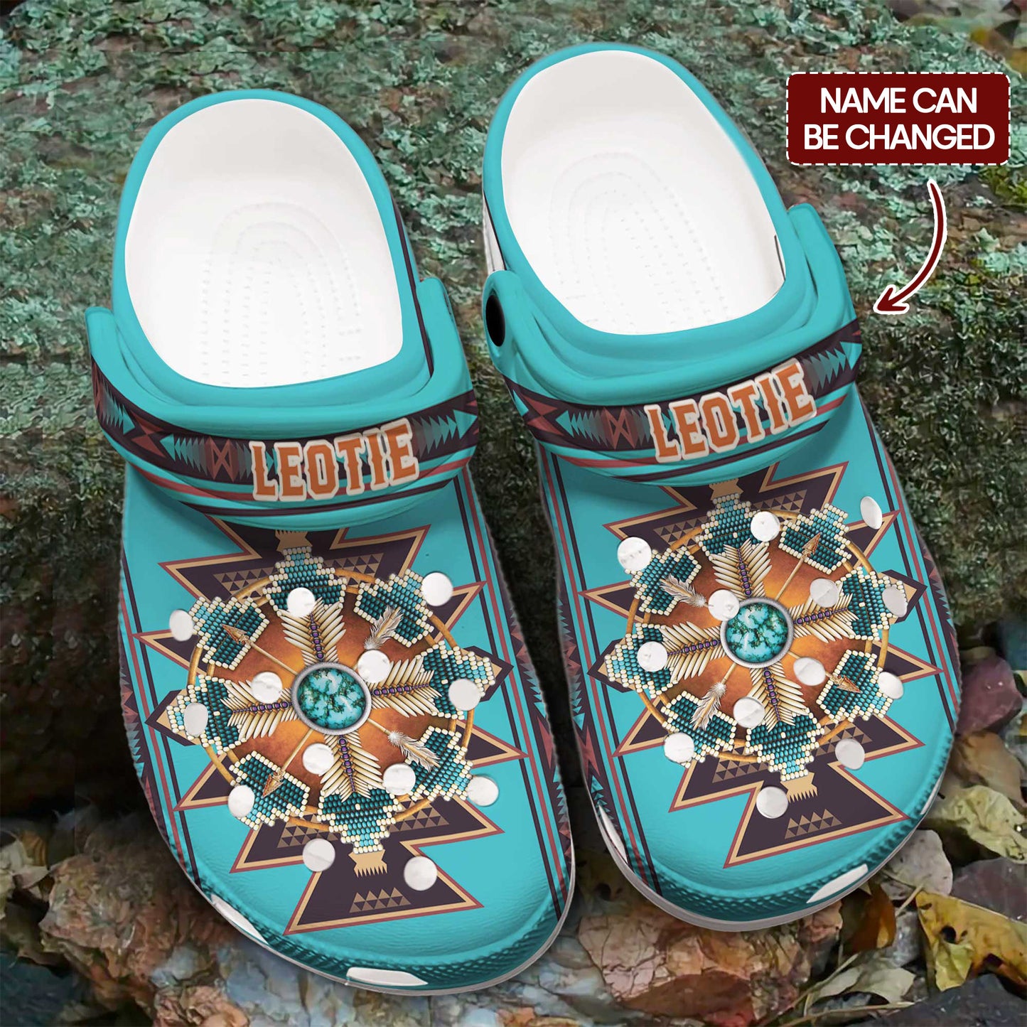 Custom Name Tribal Blue Clogs – Sacred Geometry & Turquoise Design, Gift for Family