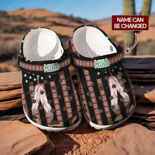 Custom Name Native Clogs – Ethnic Stripes & Feather Pattern – Great Gift Idea