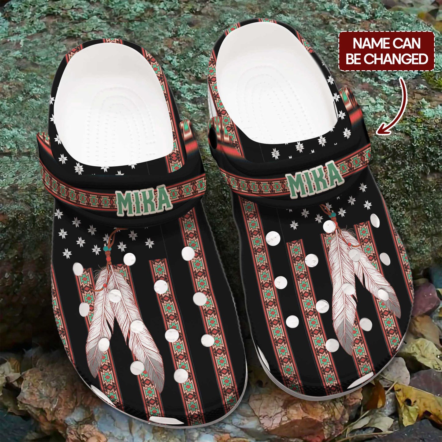 Custom Name Native Clogs – Ethnic Stripes & Feather Pattern – Great Gift Idea