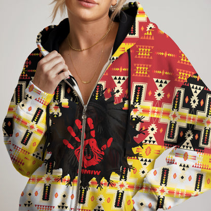 Tribal Feather Hoodie – Bold Red & Geometric Patterns & MMIW