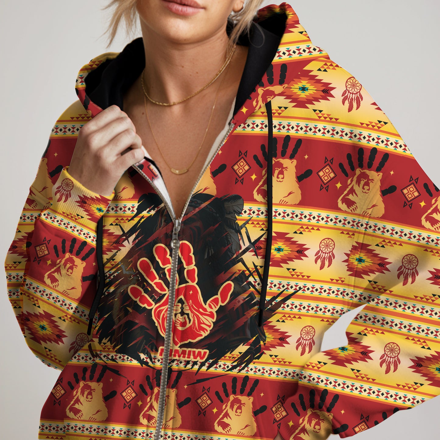 Tribal Feather Hoodie – Bold Red & Geometric Patterns & MMIW