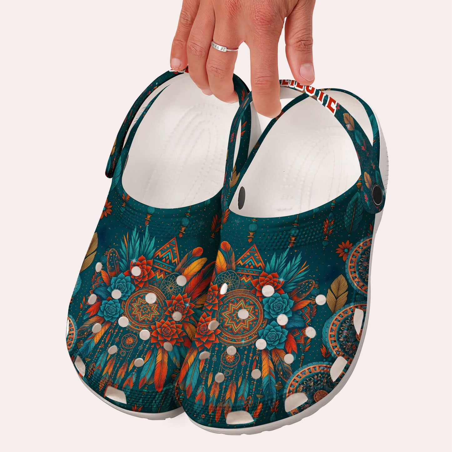 Custom Tribal Pattern Clogs with Name – Sacred Dreamcatcher, Floral & Feather Symbols