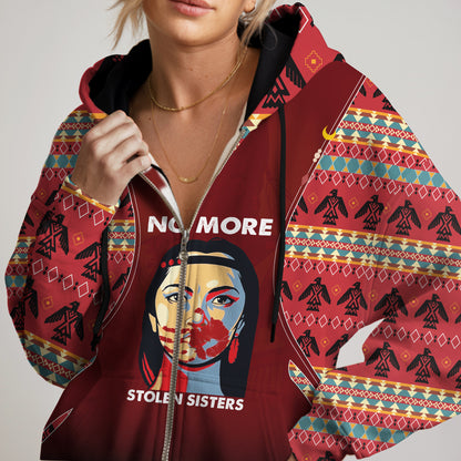 Tribal Feather Hoodie – Bold Red & Geometric Patterns & MMIW