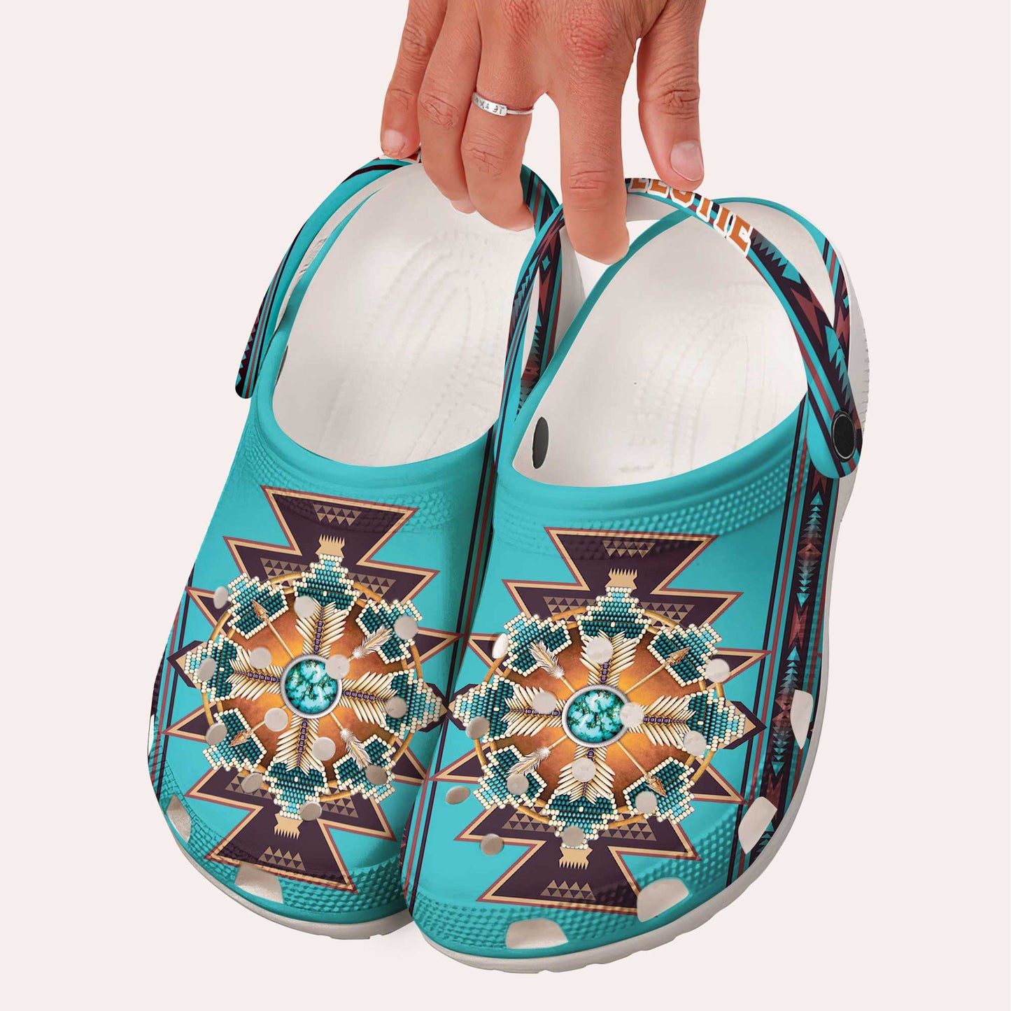 Custom Name Tribal Blue Clogs – Sacred Geometry & Turquoise Design, Gift for Family