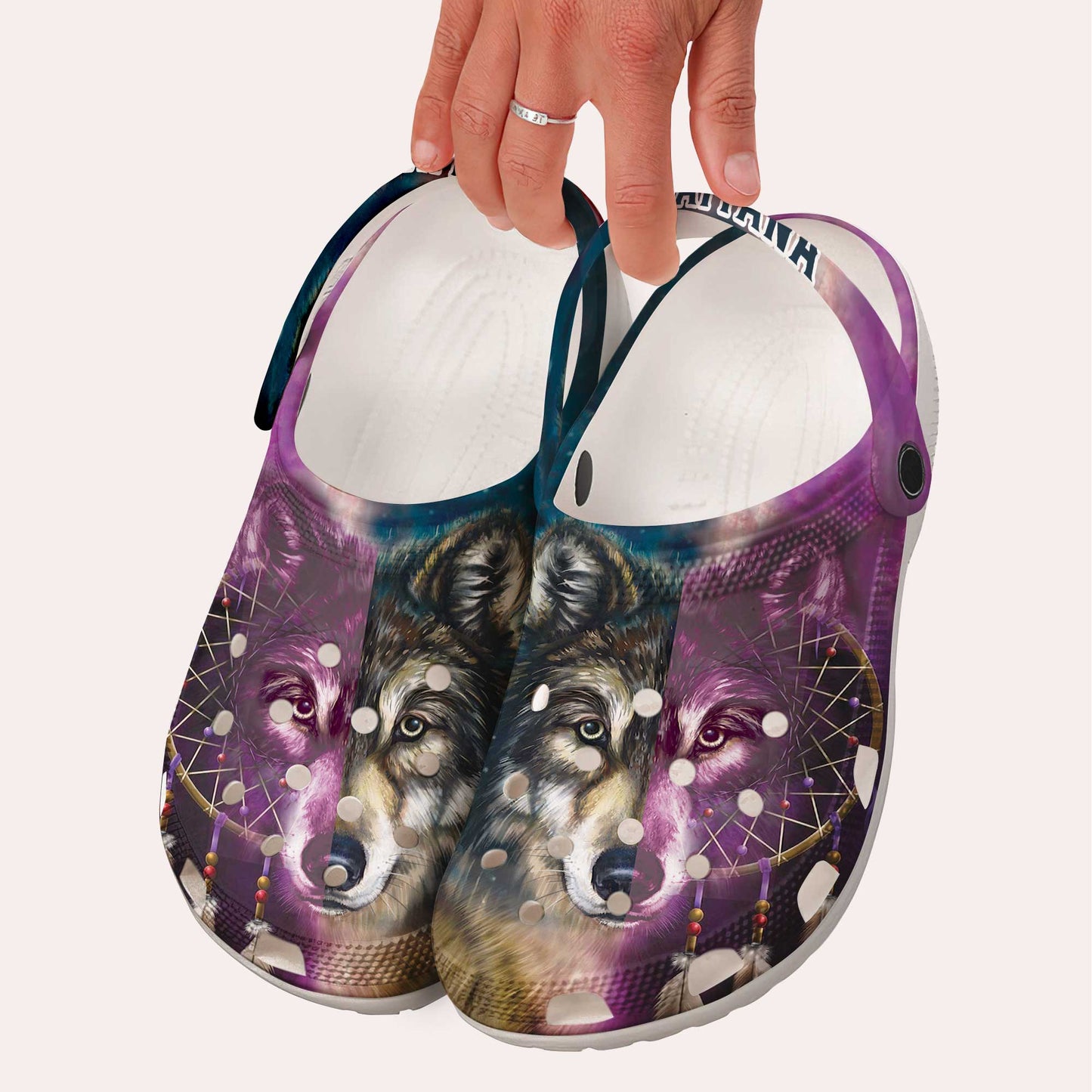 Custom Name Tribal Wolf Clogs – Purple Blue Native Style Footwear, Unique Gift for Loved One