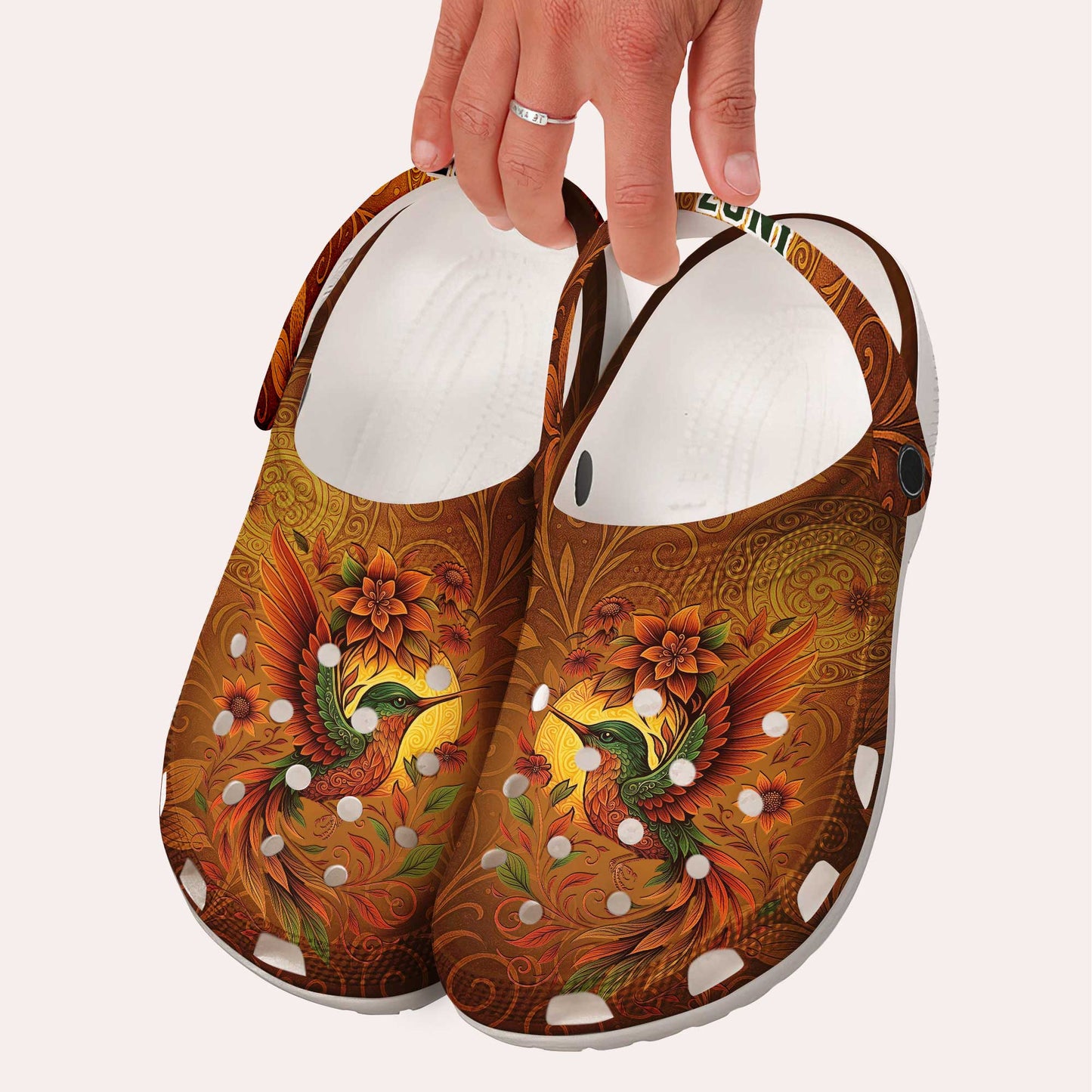 Custom Name Clogs – Vibrant Bird, Sunflower Bloom & Autumn Swirl Details in Warm Tones