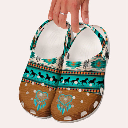Custom Name Clogs  – Vibrant Green Tribal Stripes, Running Horses & Dreamcatcher Motif