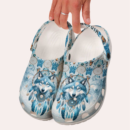 Custom Name Wolf Dreamcatcher Clogs – Tribal Spirit & Personalized Native Gift