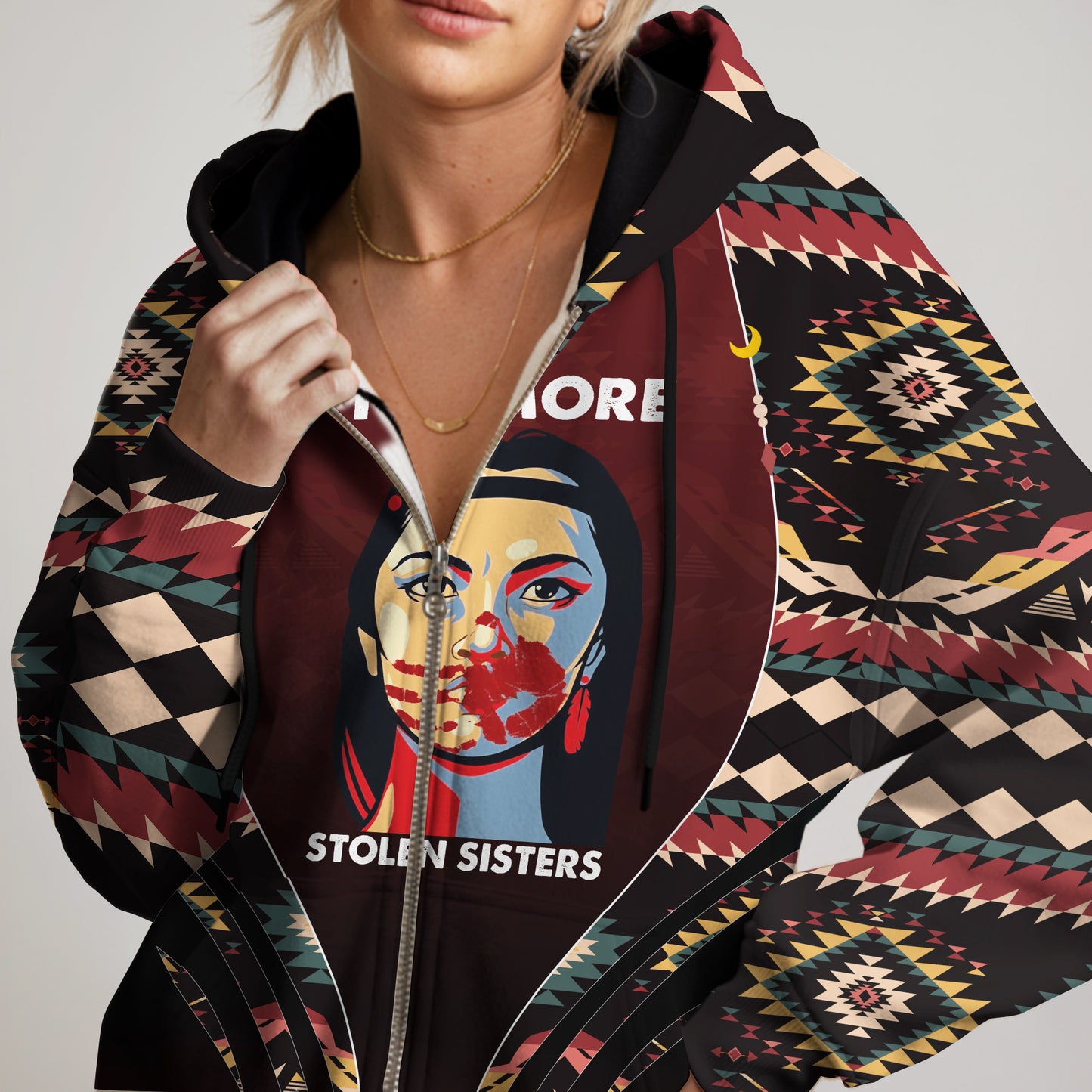 Tribal Feather Hoodie – Bold Red & Geometric Patterns