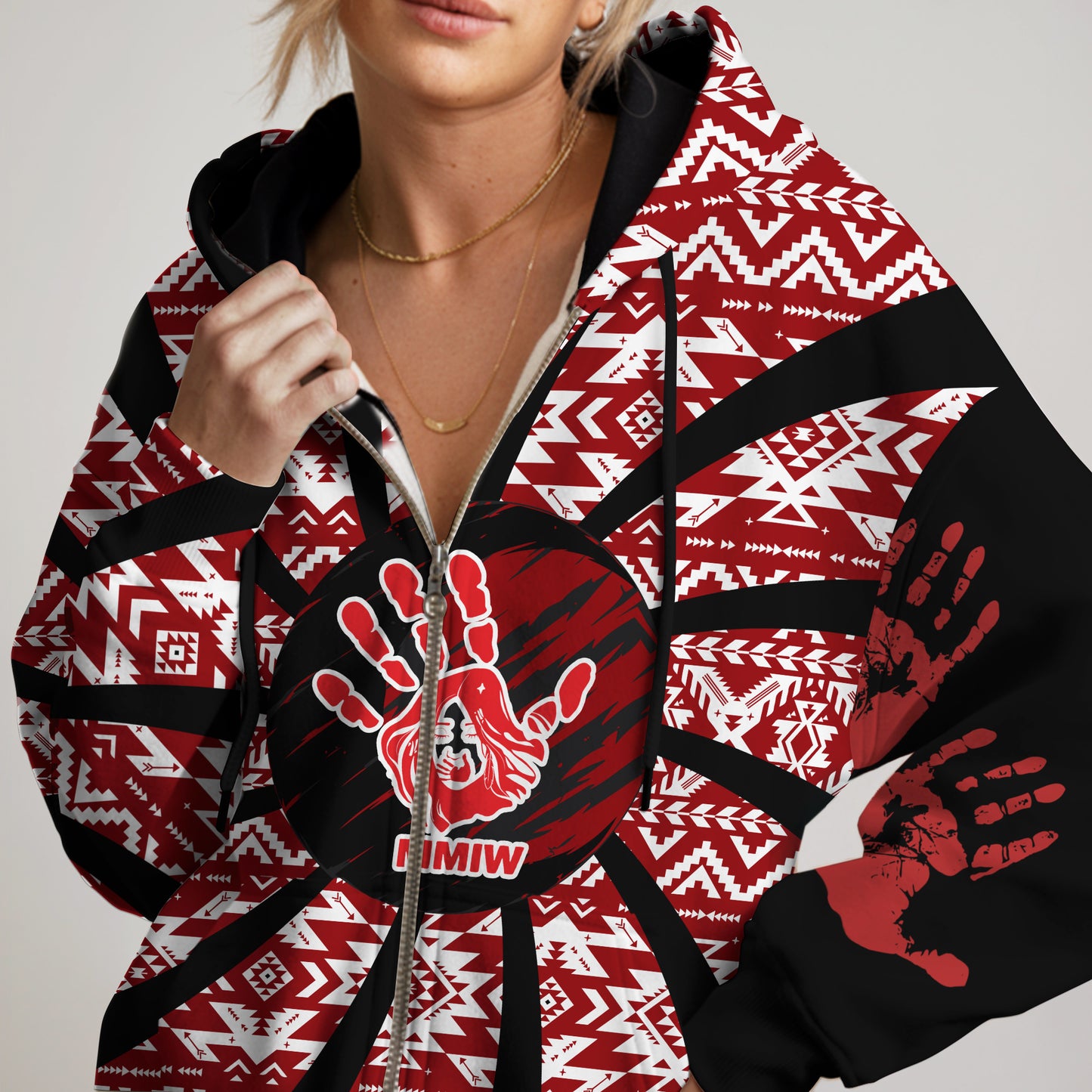 Tribal Feather Hoodie – Bold Red & Geometric Patterns & MMIW