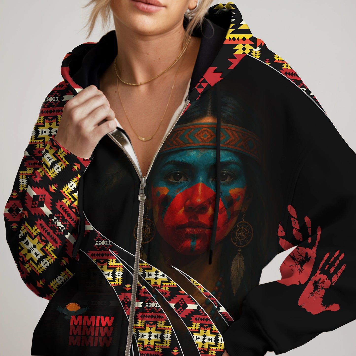 Tribal Feather Hoodie – Bold Red & Geometric Patterns & MMIW