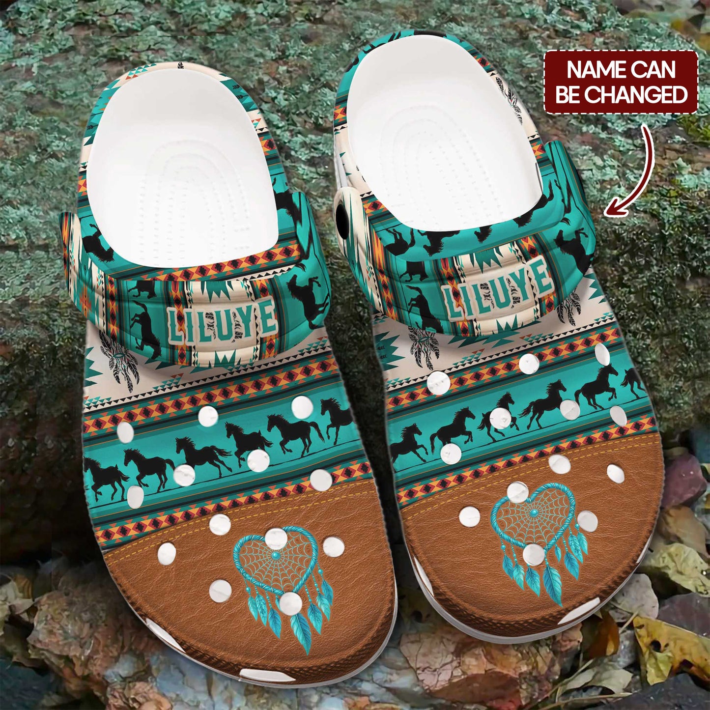 Custom Name Clogs  – Vibrant Green Tribal Stripes, Running Horses & Dreamcatcher Motif