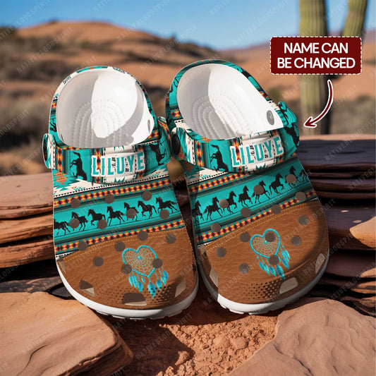 Custom Name Clogs  – Vibrant Green Tribal Stripes, Running Horses & Dreamcatcher Motif