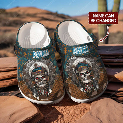 Custom Name Native Skull Chief Clogs Personalized Tribal Gift for Family & Friend