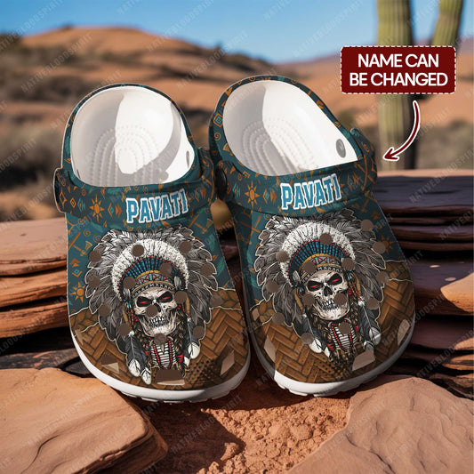 Custom Name Native Skull Chief Clogs Personalized Tribal Gift for Family & Friend