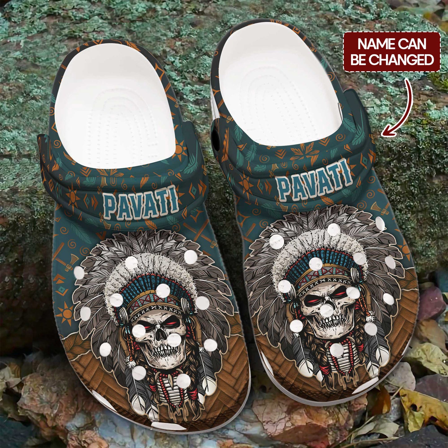 Custom Name Native Skull Chief Clogs Personalized Tribal Gift for Family & Friend