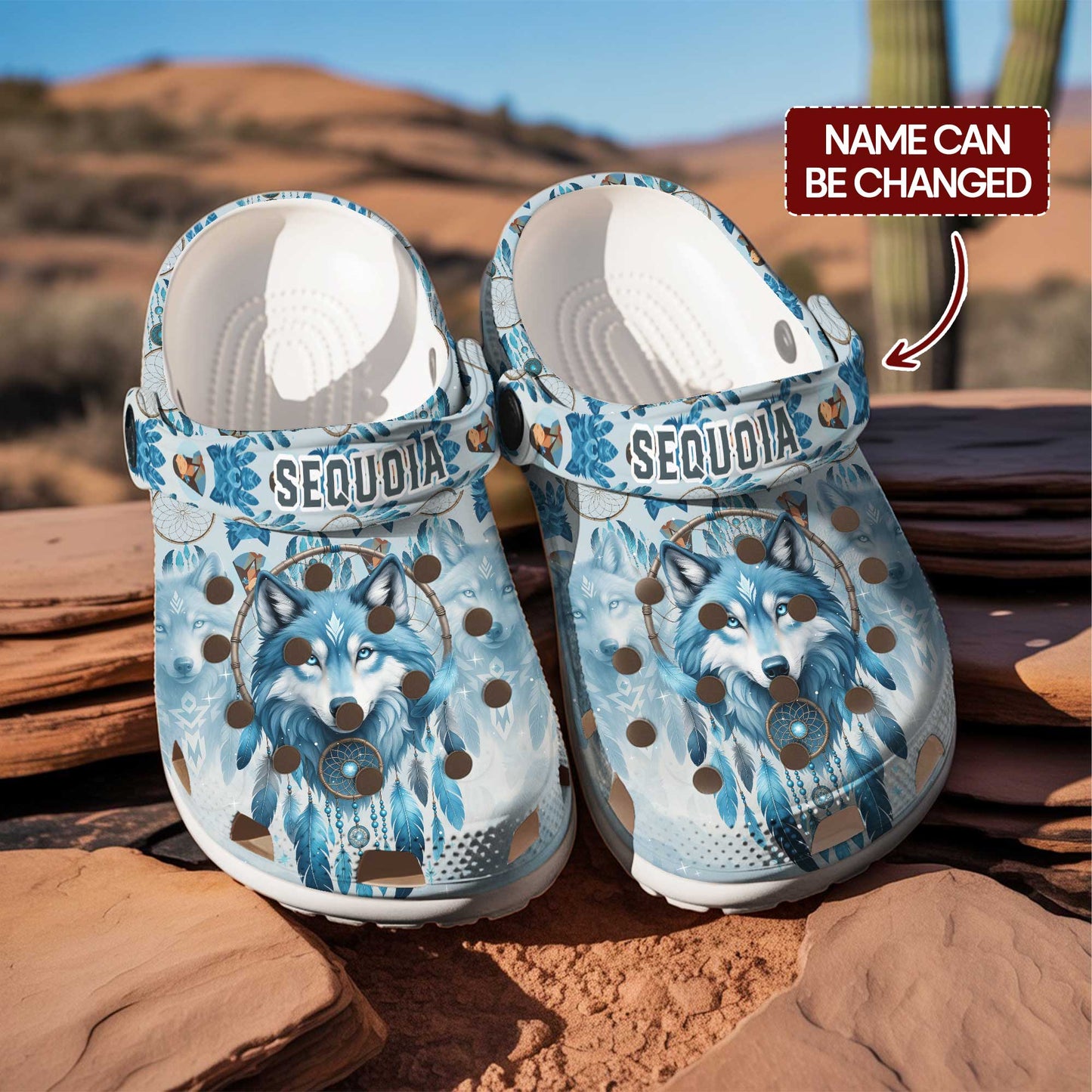 Custom Name Wolf Dreamcatcher Clogs – Tribal Spirit & Personalized Native Gift