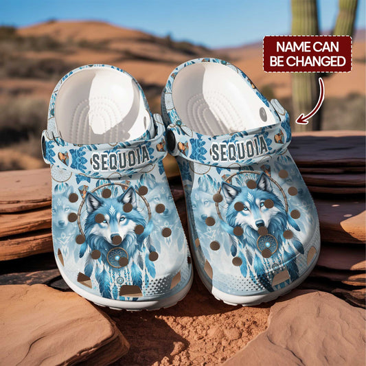 Custom Name Wolf Dreamcatcher Clogs – Tribal Spirit & Personalized Native Gift