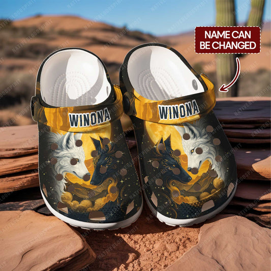 Custom Name Wolf Spirit Clogs – Fire & Ice Duality | Meaningful Gift for Family