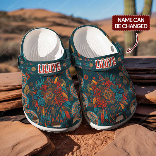 Custom Tribal Pattern Clogs with Name – Sacred Dreamcatcher, Floral & Feather Symbols