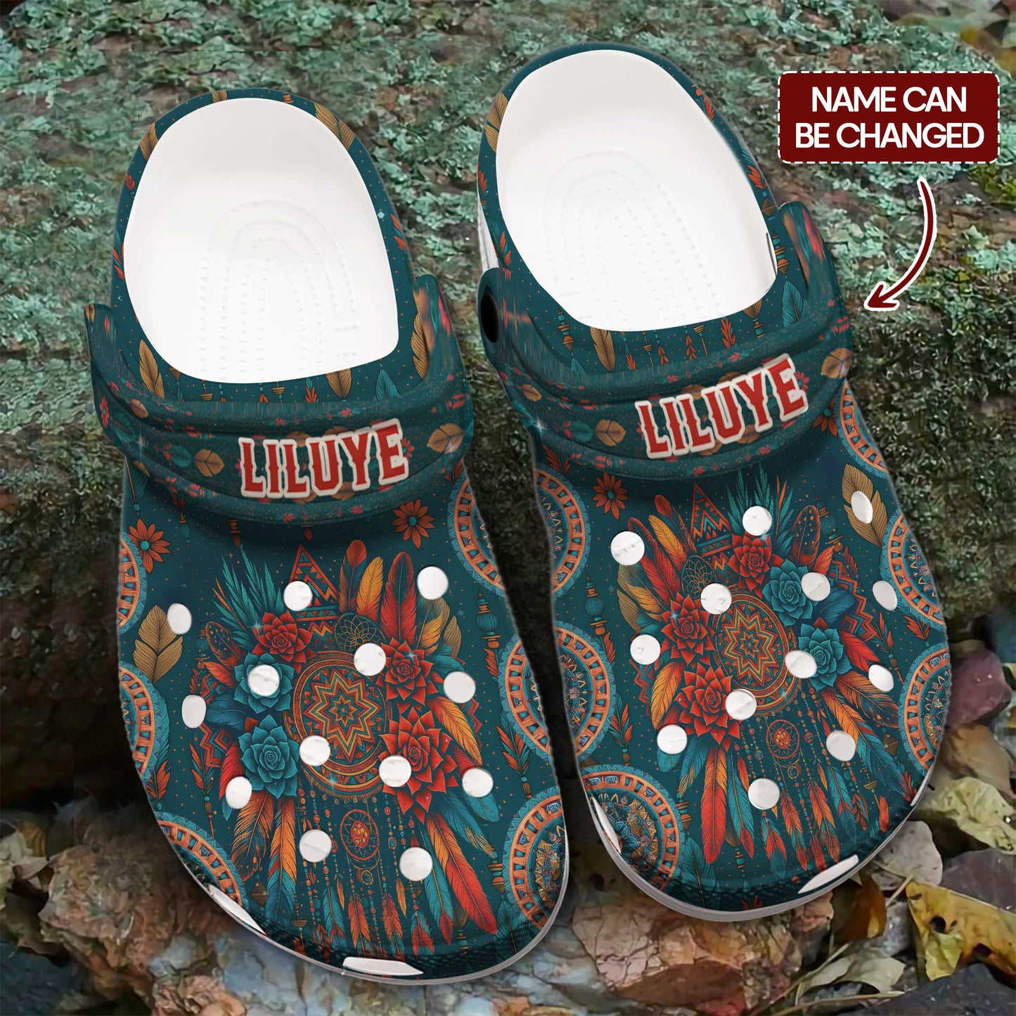 Custom Tribal Pattern Clogs with Name – Sacred Dreamcatcher, Floral & Feather Symbols