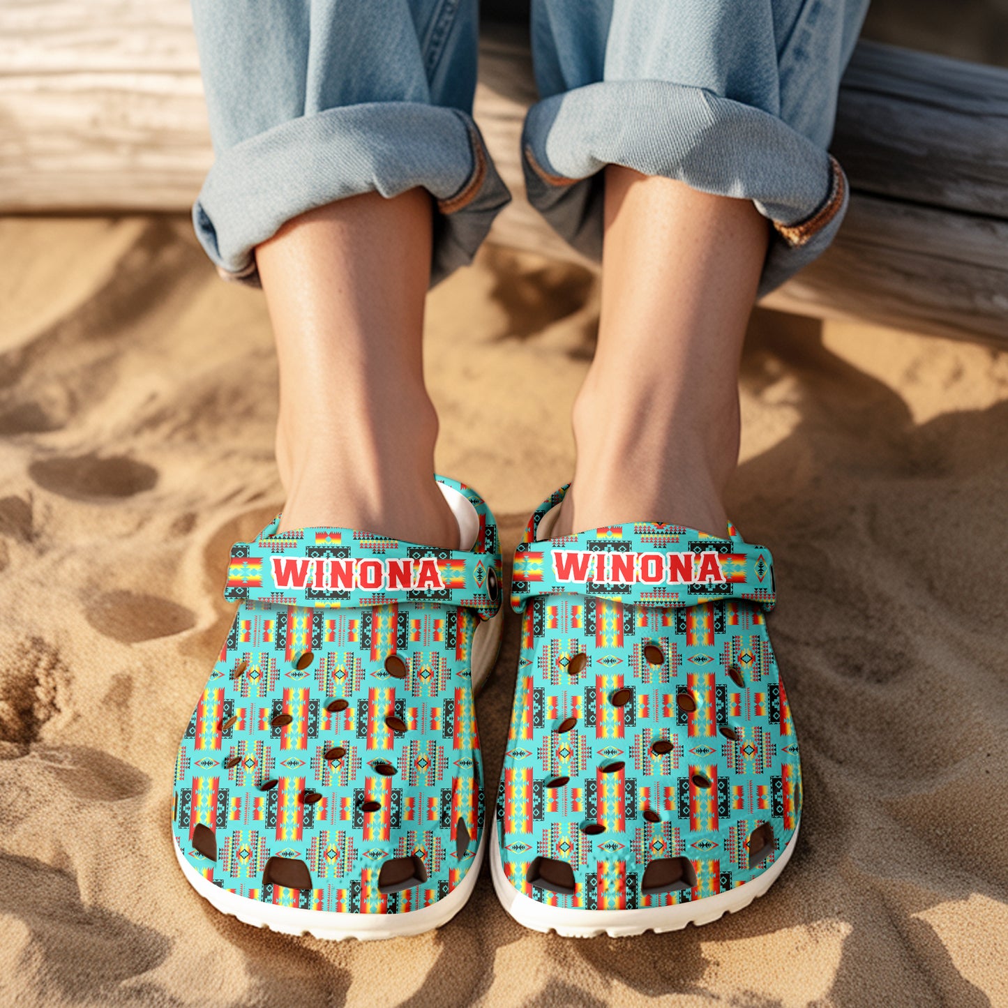 Custom Name Turquoise Tribal Clogs – Vibrant Native-Inspired Gift for the Whole Family