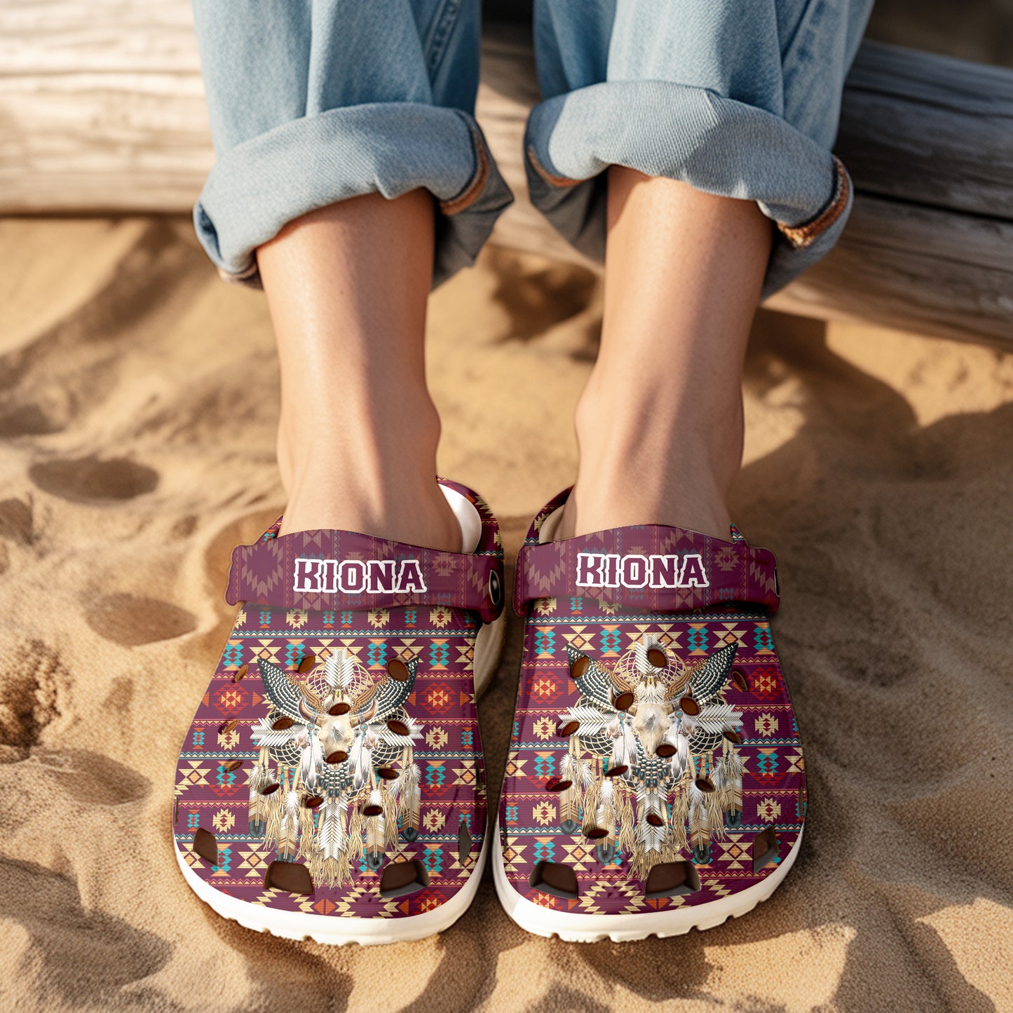 Custom Name Native Bull Skull Clogs – Tribal Dreamcatcher Shoes, Unique Family Gift