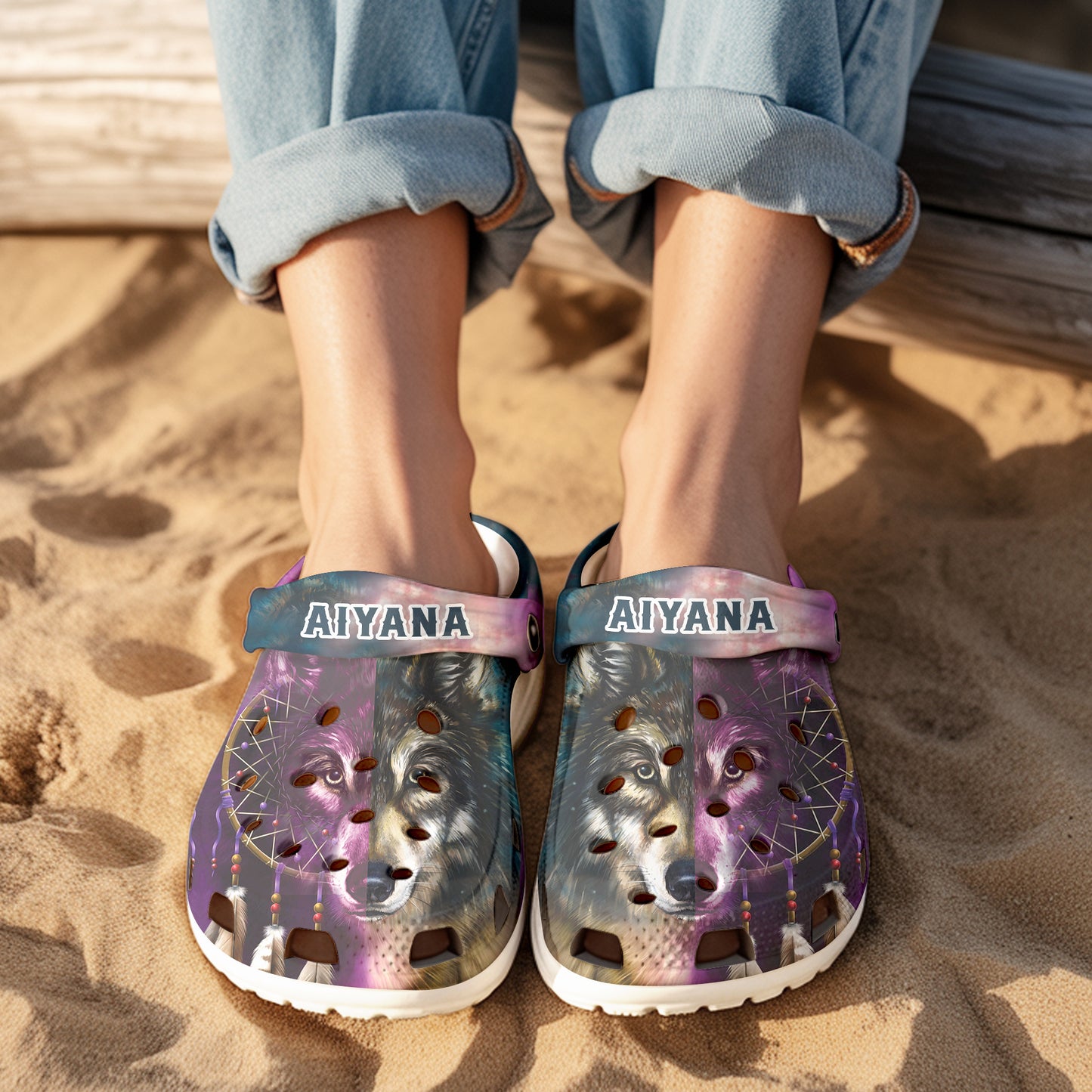 Custom Name Tribal Wolf Clogs – Purple Blue Native Style Footwear, Unique Gift for Loved One