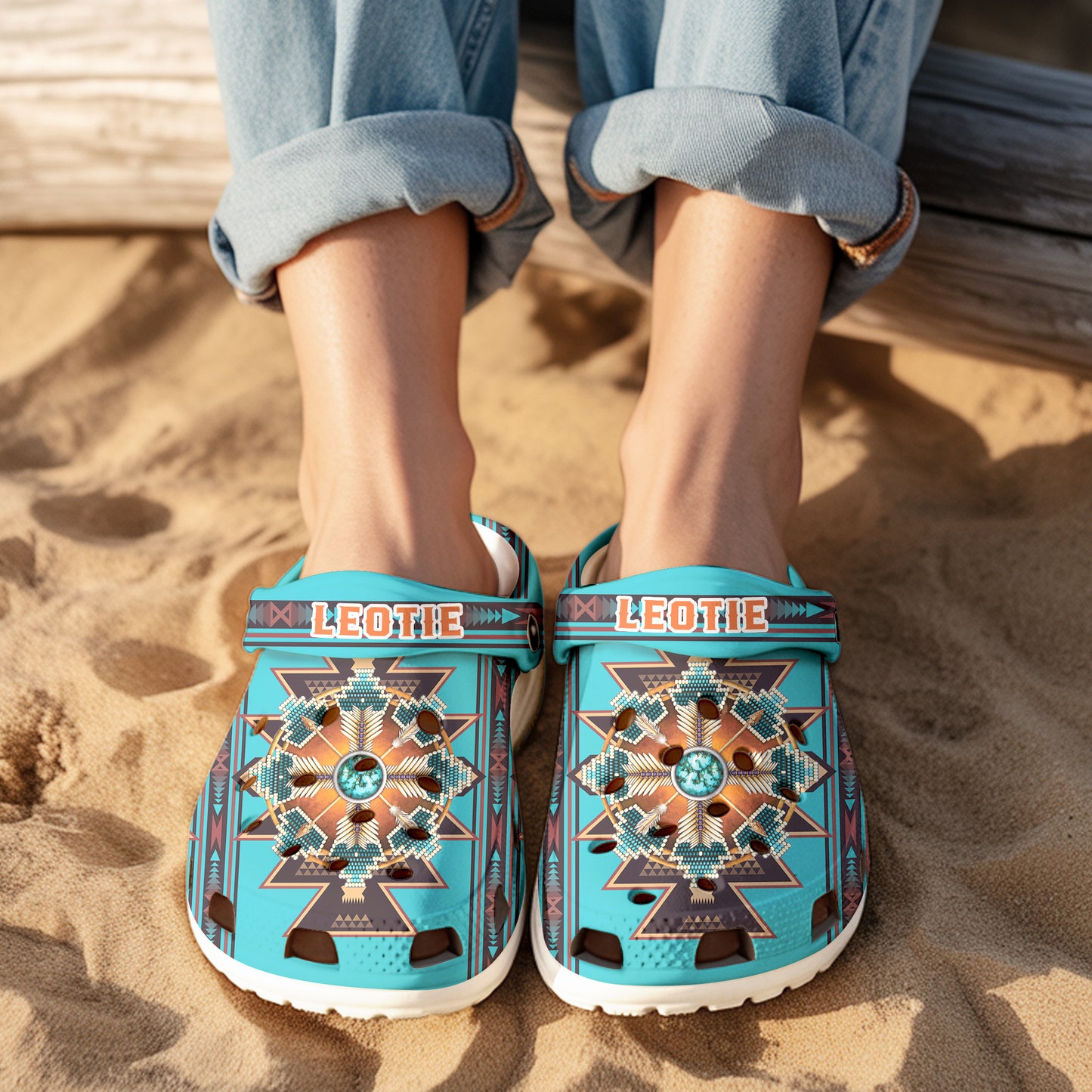 Custom Name Tribal Blue Clogs – Sacred Geometry & Turquoise Design, Gift for Family