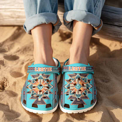 Custom Name Tribal Blue Clogs – Sacred Geometry & Turquoise Design, Gift for Family