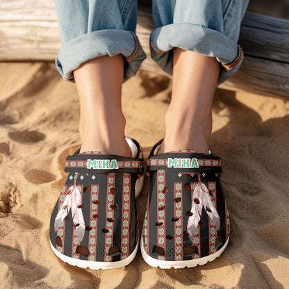 Custom Name Native Clogs – Ethnic Stripes & Feather Pattern – Great Gift Idea