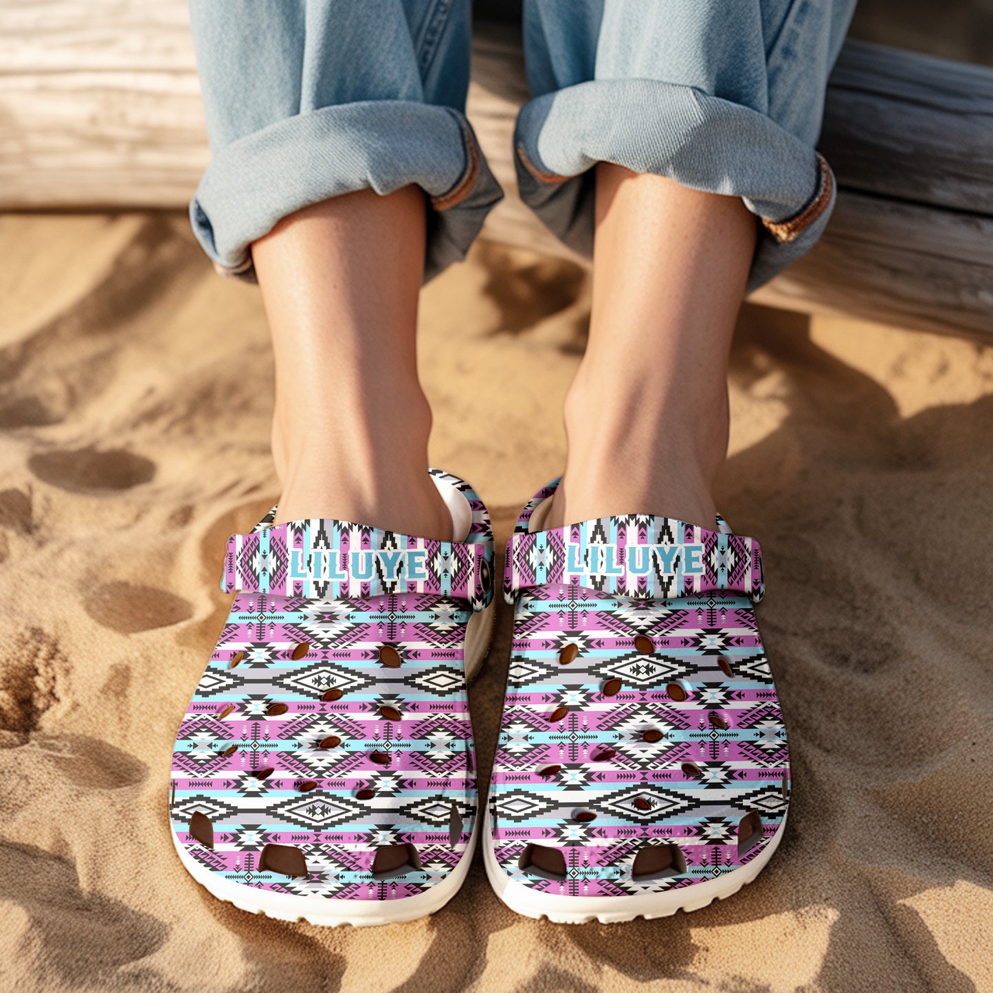 Custom Name Boho Pink Aztec Clogs – Native-Inspired Footwear, Great Family Gift