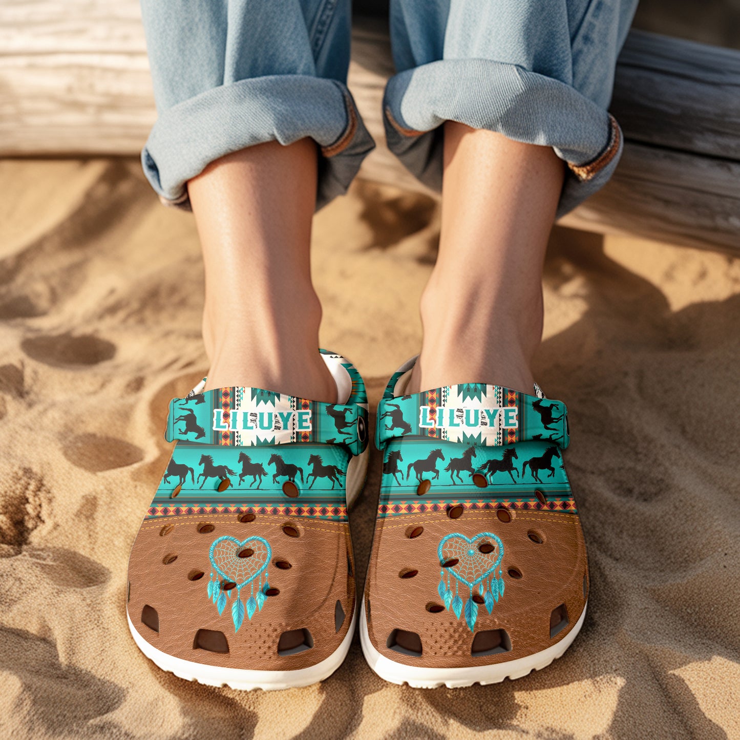 Custom Name Clogs  – Vibrant Green Tribal Stripes, Running Horses & Dreamcatcher Motif