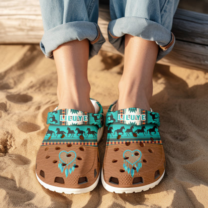 Custom Name Clogs  – Vibrant Green Tribal Stripes, Running Horses & Dreamcatcher Motif