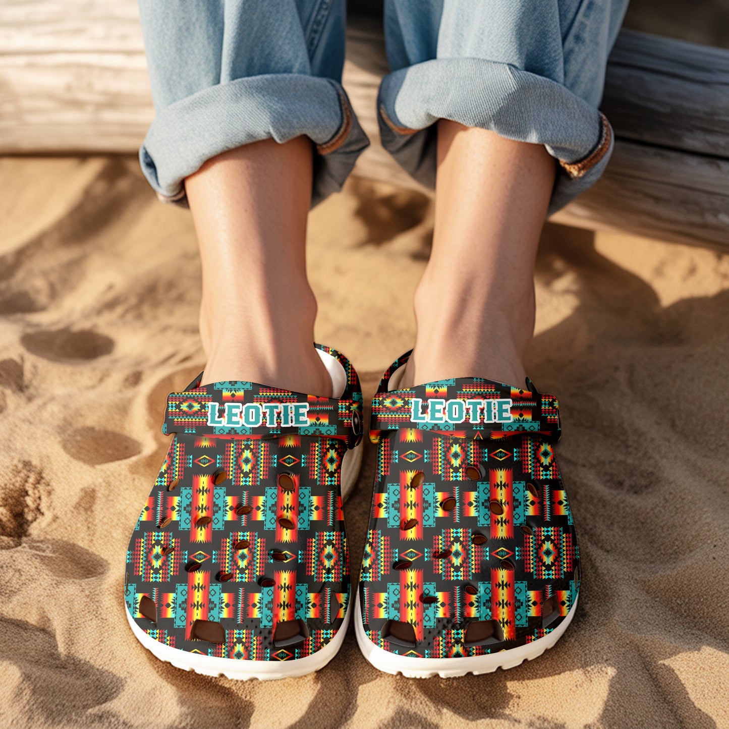 Custom Name Native Sunset Clogs – Bold Tribal Style Footwear for Family Gifting