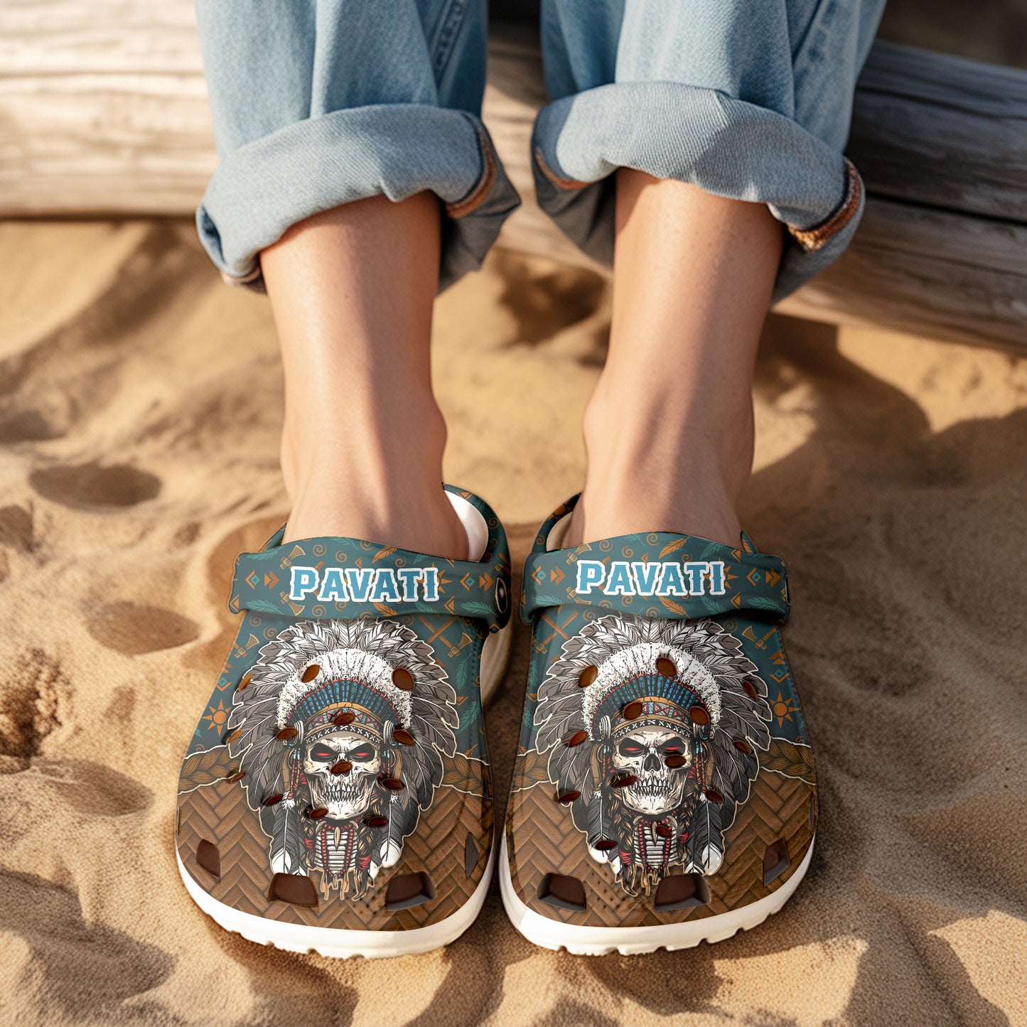 Custom Name Native Skull Chief Clogs Personalized Tribal Gift for Family & Friend