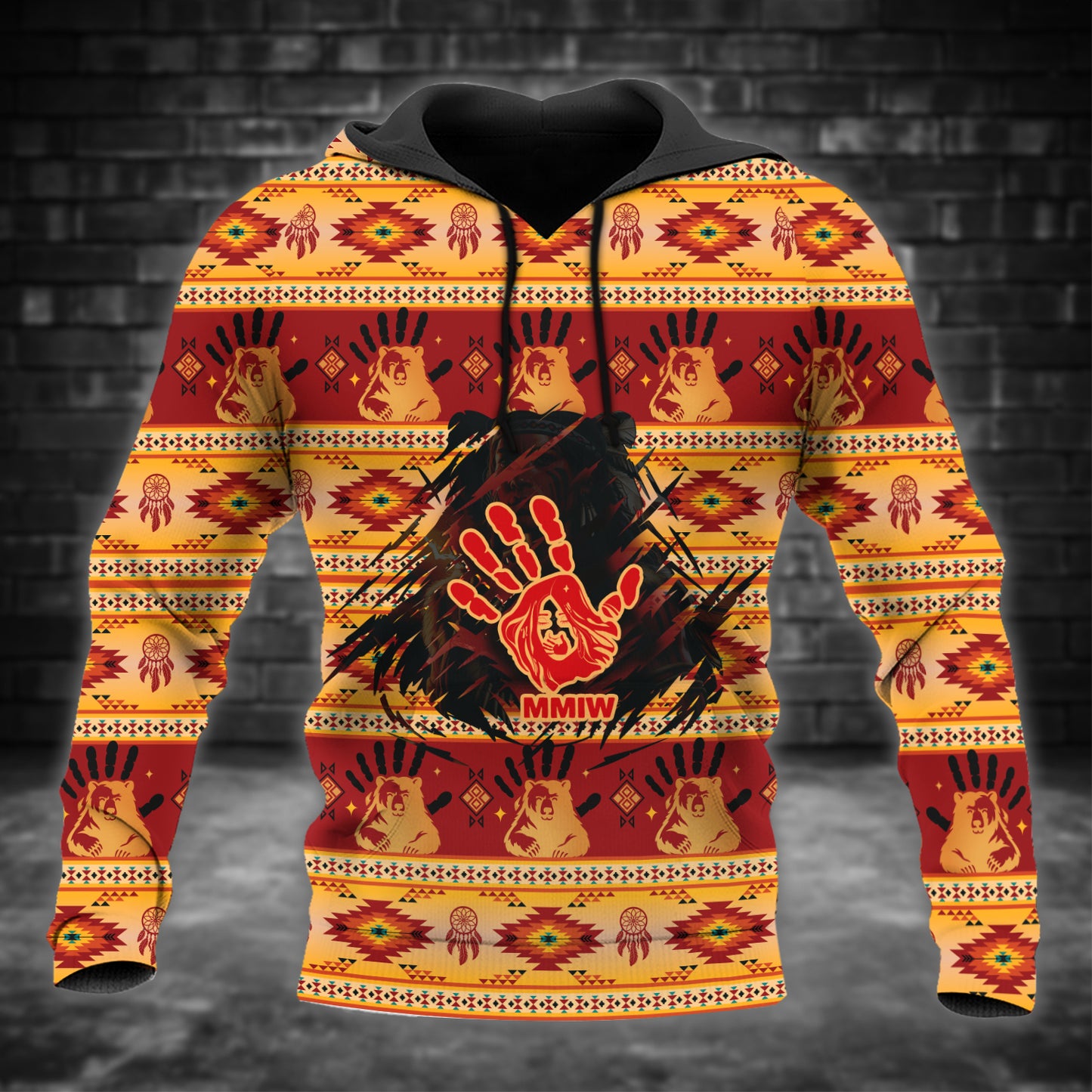 Tribal Feather Hoodie – Bold Red & Geometric Patterns & MMIW