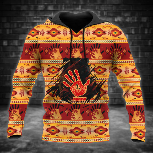 Tribal Feather Hoodie – Bold Red & Geometric Patterns & MMIW