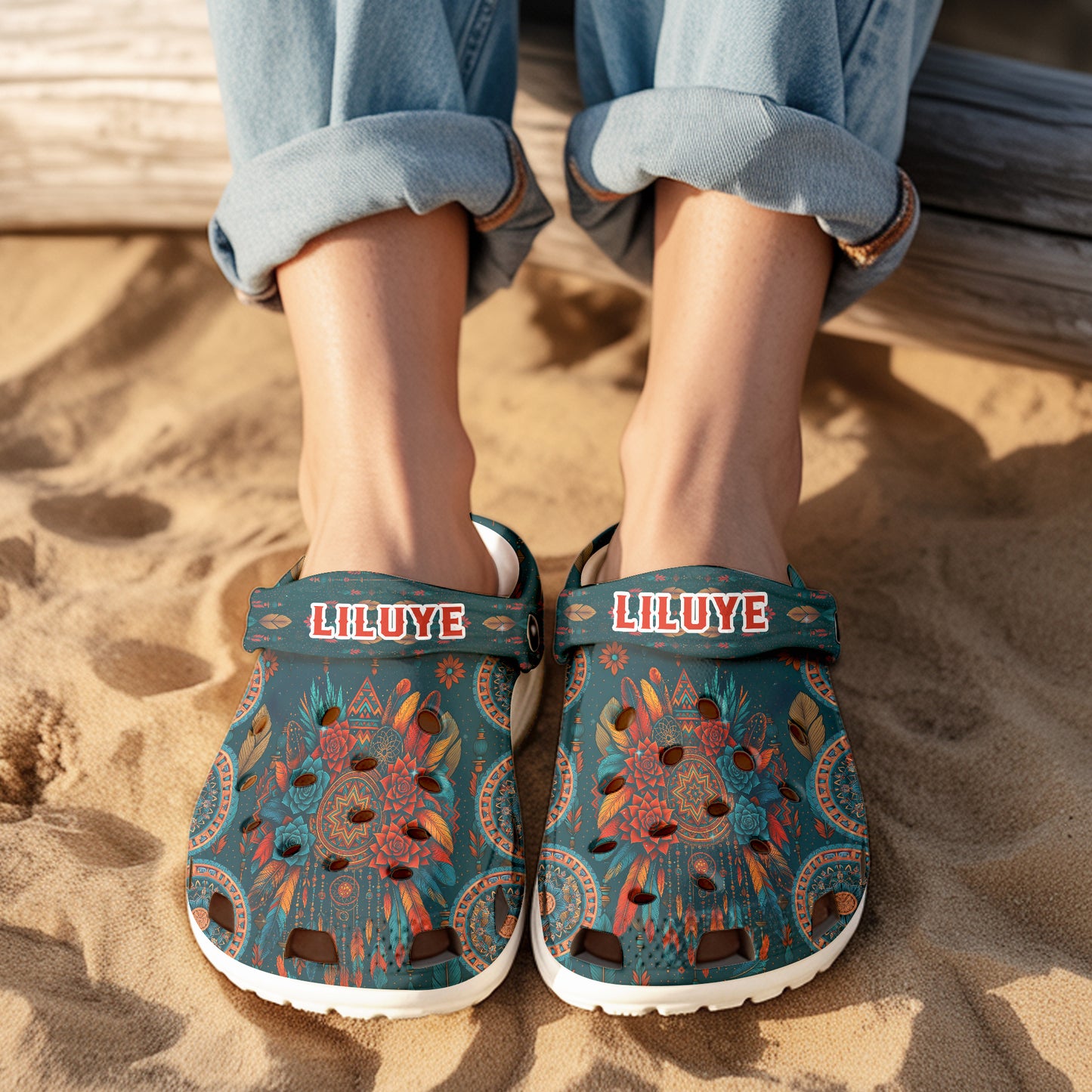 Custom Tribal Pattern Clogs with Name – Sacred Dreamcatcher, Floral & Feather Symbols