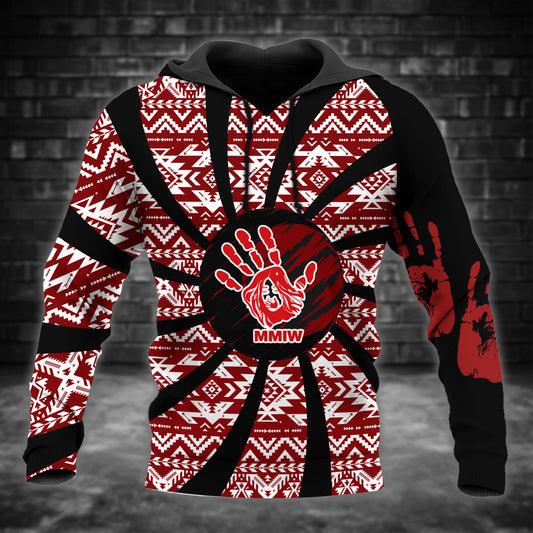 Tribal Feather Hoodie – Bold Red & Geometric Patterns & MMIW