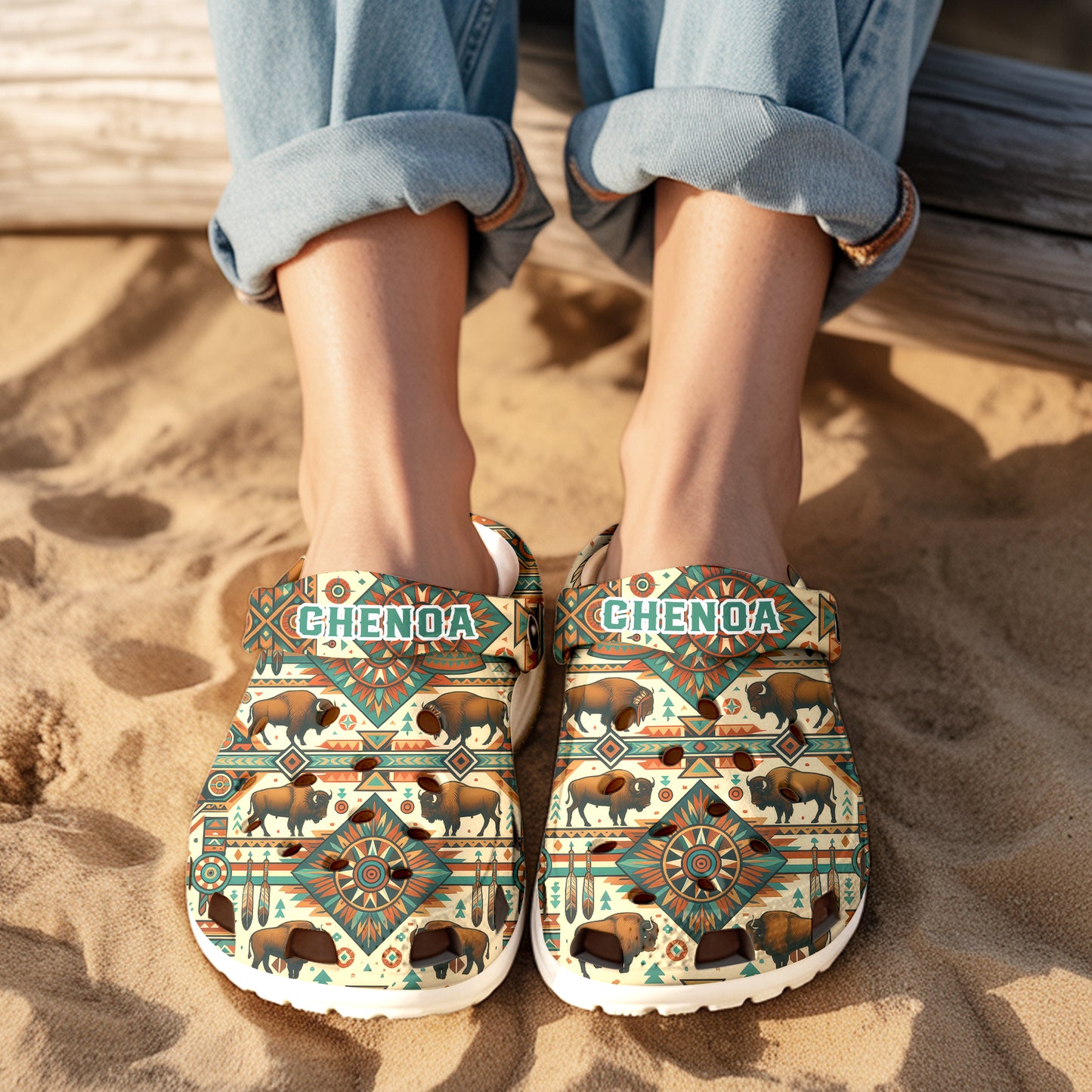 Custom Name Native Buffalo Pattern Crocs – Unique Family Gift for Loved Ones