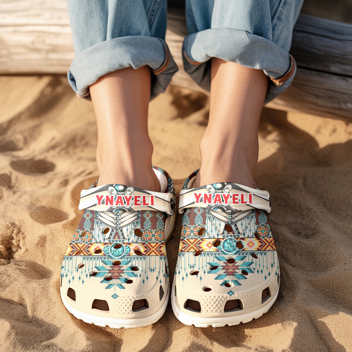 Custom Name Clogs – Rustic Boho Style with Turquoise Stone & Traditional Patterns