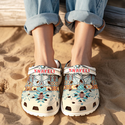 Custom Name Clogs – Rustic Boho Style with Turquoise Stone & Traditional Patterns