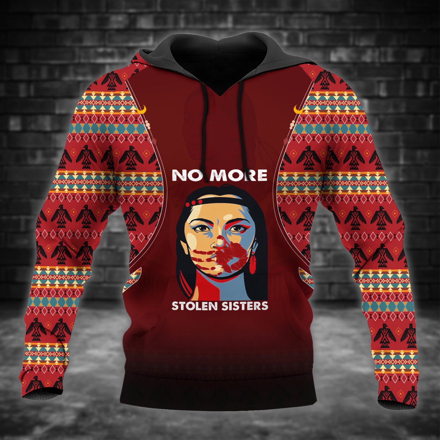 Tribal Feather Hoodie – Bold Red & Geometric Patterns & MMIW