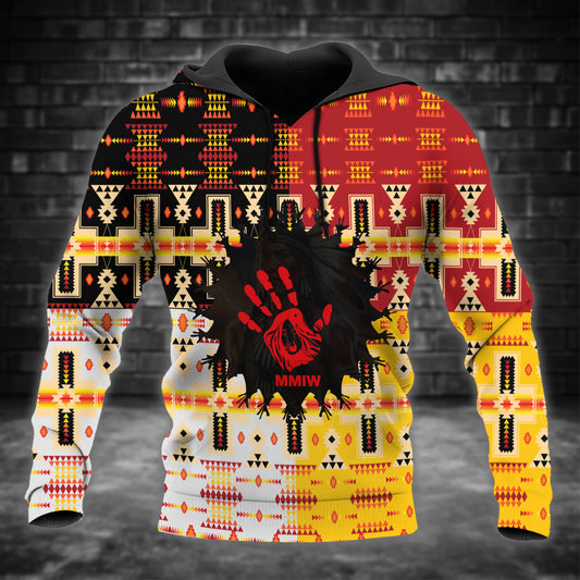 Tribal Feather Hoodie – Bold Red & Geometric Patterns & MMIW