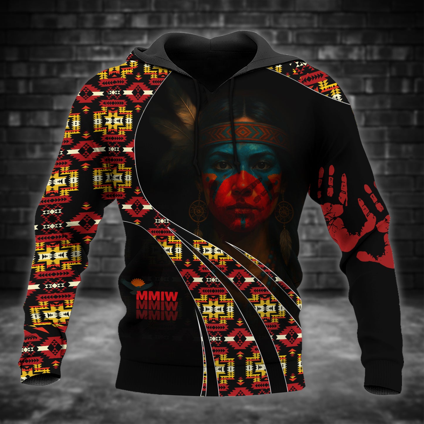 Tribal Feather Hoodie – Bold Red & Geometric Patterns & MMIW