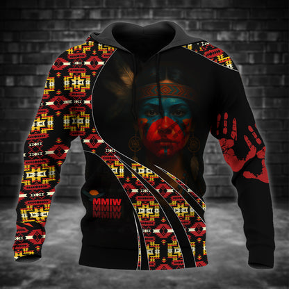 Tribal Feather Hoodie – Bold Red & Geometric Patterns & MMIW